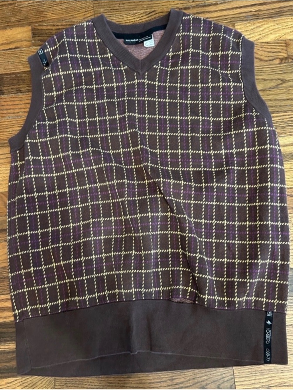 Rocawear Brown Plaid V-Neck Sweater Vest with Purple Check